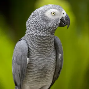 Bali, Ubud. An African Grey Parrot at Bali Bird Park