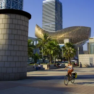 Barceloneta Beach and Port Olimpic with Frank Gehry Sculpture, Barcelona, Spain