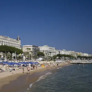 Beach and Boulevard de la Croisette with Carlton Hotel, Cannes, Cote D Azur, France