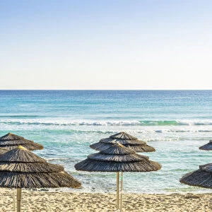 Beach umbrellas at Nissi Beach, Ayia Napa, Famagusta District, Cyprus