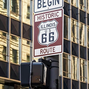 Begin of historic Route 66 road sign, Chicago, Illinois, USA