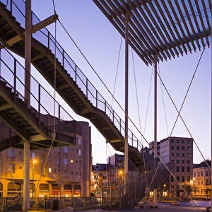 Belgium, Antwerp, Theaterplein, Stadsschowburg theater canopy and exterior stairs, dawn