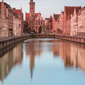 Belgium, Bruges, canal view towards Jan van Eyck Square, dawn