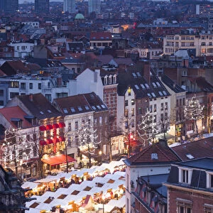 Belgium, Brussels, Place Ste-Catherine, Christmas Market, elevated view, dusk