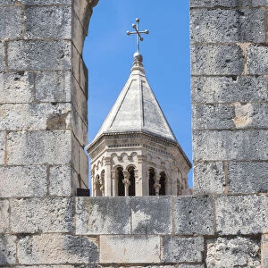 The bell tower of Cathedral of St Domnius through remains of Silver Gate, Split, Dalmatia