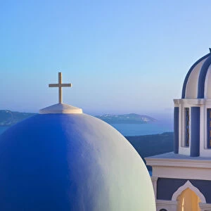 Bell Towers of Orthodox Church overlooking the Caldera in Fira, Santorini (Thira)