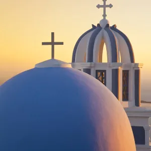 Bell Towers of Orthodox Church overlooking the Caldera in Fira, Santorini (Thira)