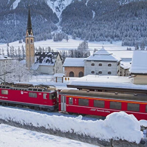 Bernina Express at Berninapass. Engadine valley, Switzerland, Europe