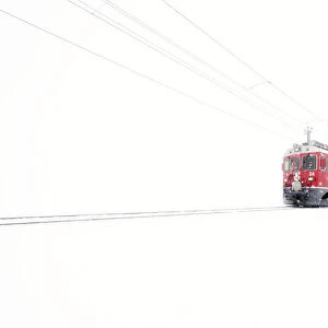 Bernina Express red train emerging from mist at Bernina Pass during a winter snowfall