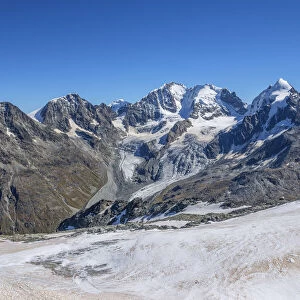Bernina mountain range seen from Corvatsch summit station, Upper Engadin, Grisons (Graubunden), Switzerland