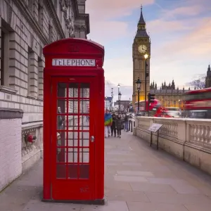 Big Ben, Houses of Parliament and a red phone box, London, England Big Ben, Houses of Parliament and a red phone box, London, England