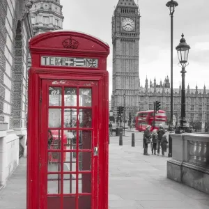 Big Ben, Houses of Parliament and a red phone box, London, England Big Ben, Houses of Parliament and a red phone box, London, England