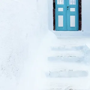 Blue door and white steps, Emporio, Santorini, Cyclades Islands, Greece, Europe