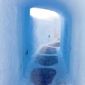 Blue washed allyway, Pyrgos, Santorini, Cyclades Islands, Greece, Europe
