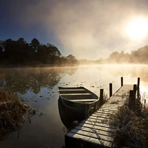 Boat & Jetty at Sunrise, Elterwater, Lake District National Park, Cumbria, England
