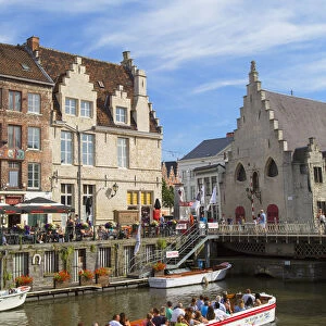 Boat on Leie Canal, Ghent, Flanders, Belgium