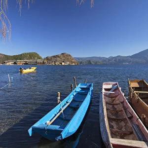 Boats on Lugu Lake, Lige village, Yunnan, China