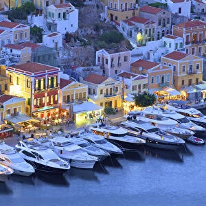 Boats In Symi Harbour From Elevated Angle At Dusk, Symi, Dodecanese, Greek Islands