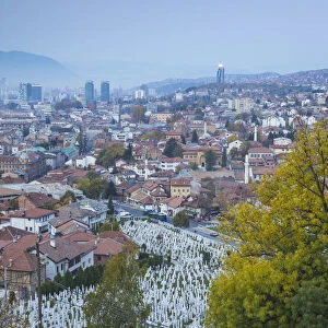 Bosnia and Herzegovina, Sarajevo, View over Kovaci War Memorial and Cemetery to the City