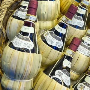 Bottles of Chianti wine for sale at Mercato di San Lorenzo, Florence (Firenze), Tuscany