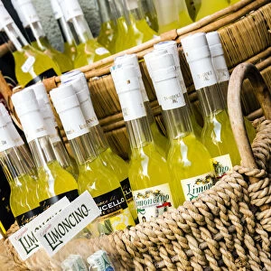 Bottles of local limoncello lemon liqueur on sale, Limone sul Garda, Lake Garda, Lombardy