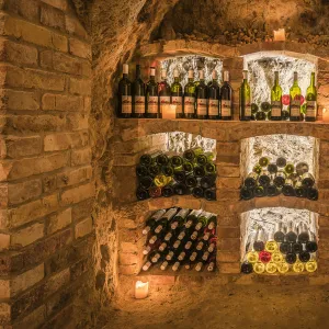 Bottles of wine arranged inside old wine cellar in Vrbice, Breclav District, South Moravian Region, Moravia, Czech Republic