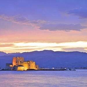 Bourtzi Castle at Dusk, Nafplio, Argolis, The Peloponnese, Greece, Southern Europe