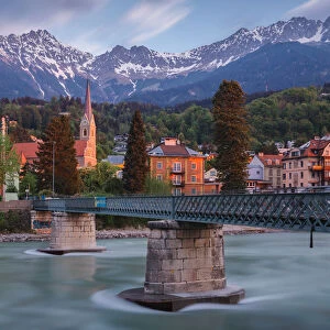The bridge to Sankt Nikolaus district in Innsbruck at dawn, Tyrol, Austria, Europe