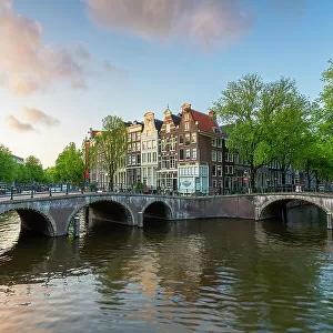Bridges on Keizersgracht canal at sunset, Amsterdam, Netherlands