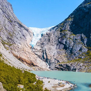 Briksdalsbreen glacier, Sogn og Fjordane, Norway. Tourists admiring the glacier