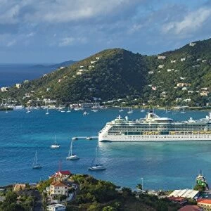 British Virgin Islands, Tortola, Road Town, elevated town view with cruiseship