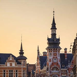 Buildings on Margarethaplein at dusk, Leuven, Flemish Brabant, Flanders, Belgium