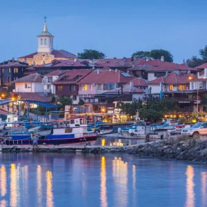 Bulgaria, Black Sea Coast, Nesebar, waterfront view of town, dusk