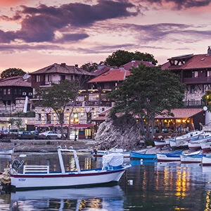 Bulgaria, Black Sea Coast, Nesebar, waterfront restaurants, dusk