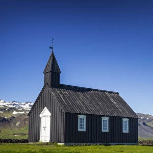 Buoakirkja Black Church in Budir against clear blue sky, Snaefellsness Peninsula