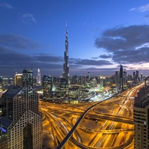 The Burj Khalifa Dubai, elevated view across Sheikh Zayed Road and Financial Centre