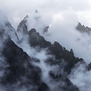 Cadini di Misurina during a storm with layers of clouds, Dolomites, Italy
