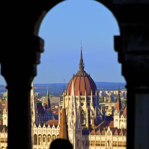 Cafe at Fishermans Bastion with Hungarian Parliament Building in background