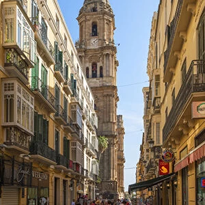 Calle Molina Larion with Cathedral in the old town, Malaga, Costa del Sol, Andalusia