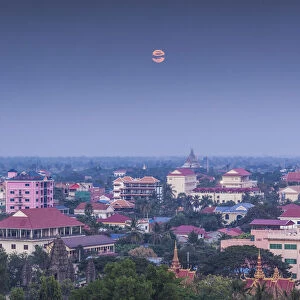 Cambodia, Battambang, elevated city view and moonrise, dusk