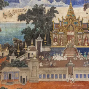 Cambodia, Phnom Penh, the Silver Pagoda, scene from wall mural depicting the Indian