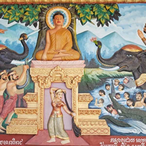 Cambodia, Siem Reap, Preah Prohmrath Monastery, Wall Murals depicting the Teachings
