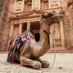 Camel in front of The Treasury, Al-Khazneh, Petra, Ma an Governorate, Jordan