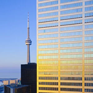 Canada, Ontario, Toronto, Downtown Financial District, CN Tower at dawn
