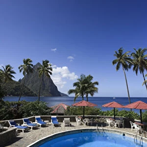 Caribbean, St Lucia, Soufriere, Petit Piton and Hummingbird beach resort