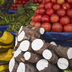 Cassava and vegetables at market, Sucre (UNESCO World Heritage Site), Bolivia