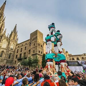 Castellers or Human Tower exhibiting in front of the Cathedral, Barcelona, Catalonia