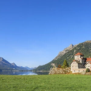 Castle Crap da Sass with Lake Silvaplana, Upper Engadin, Grisons (Graubunden), Switzerland