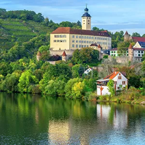 Castle Horneck, Castle of the Teutonic Order with river Neckar, Gundelsheim, Neckar valley, Odenwald, Baden-Wurttemberg, Germany