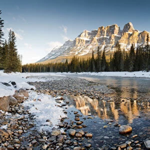 Castle Mountain Reflecting in Bow River in Winter, Banff National Park, Alberta, Canada